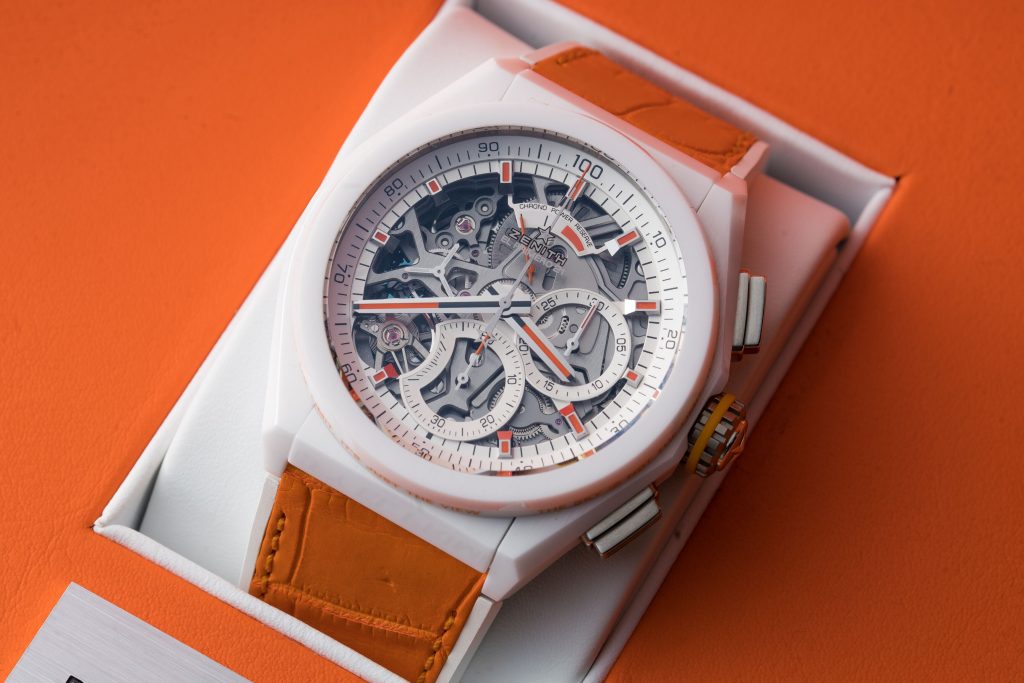 Replica Zenith Defy Classic Skeleton White Dial on Orange Rubber